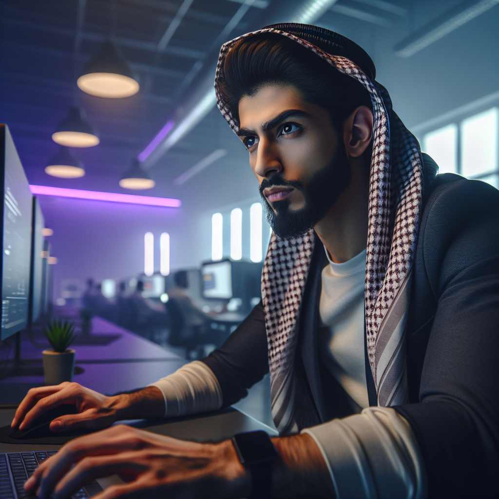 Create an ultra-photorealistic image for an article on blog writing featuring a middle-eastern male in an office or tech workspace showing focus or determination. The photography quality should be reminiscent of an iPhone 16 Pro Max and have clean, subtle lighting with a shallow depth of field. The subject should be sharply focused with natural skin tones. The aesthetic should be dark-mode with the following QuickPen brand colors #0D0B1A, #16122A, #2A234A, #5B21B6, #7C3AED, #A78BFA, #C4B5FD, #F3F4F6, #D1D5DB, #9CA3AF. Add a subtle, unobtrusive neon purple rim-light. Keep the composition simple, with a hint of the environment. No text, logos, or non-abstract UI mockups.